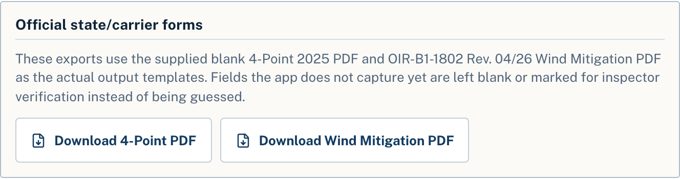 Official form exports: Florida 4-Point and Wind Mitigation PDF downloads