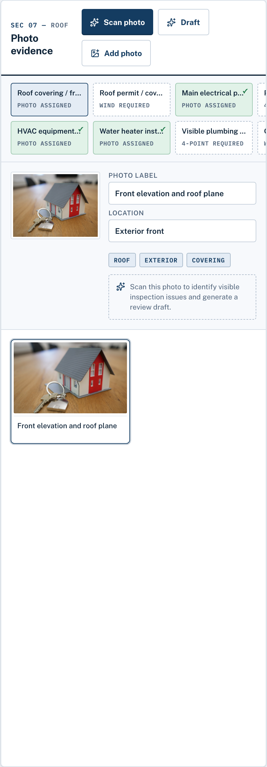Guided photo checklist mapped to the 4-Point and wind mitigation forms