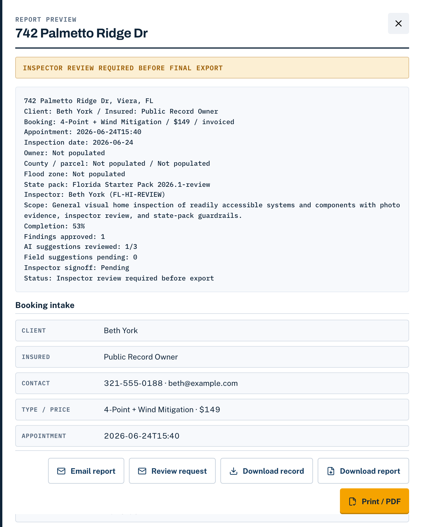 Report preview with readiness status and booking details