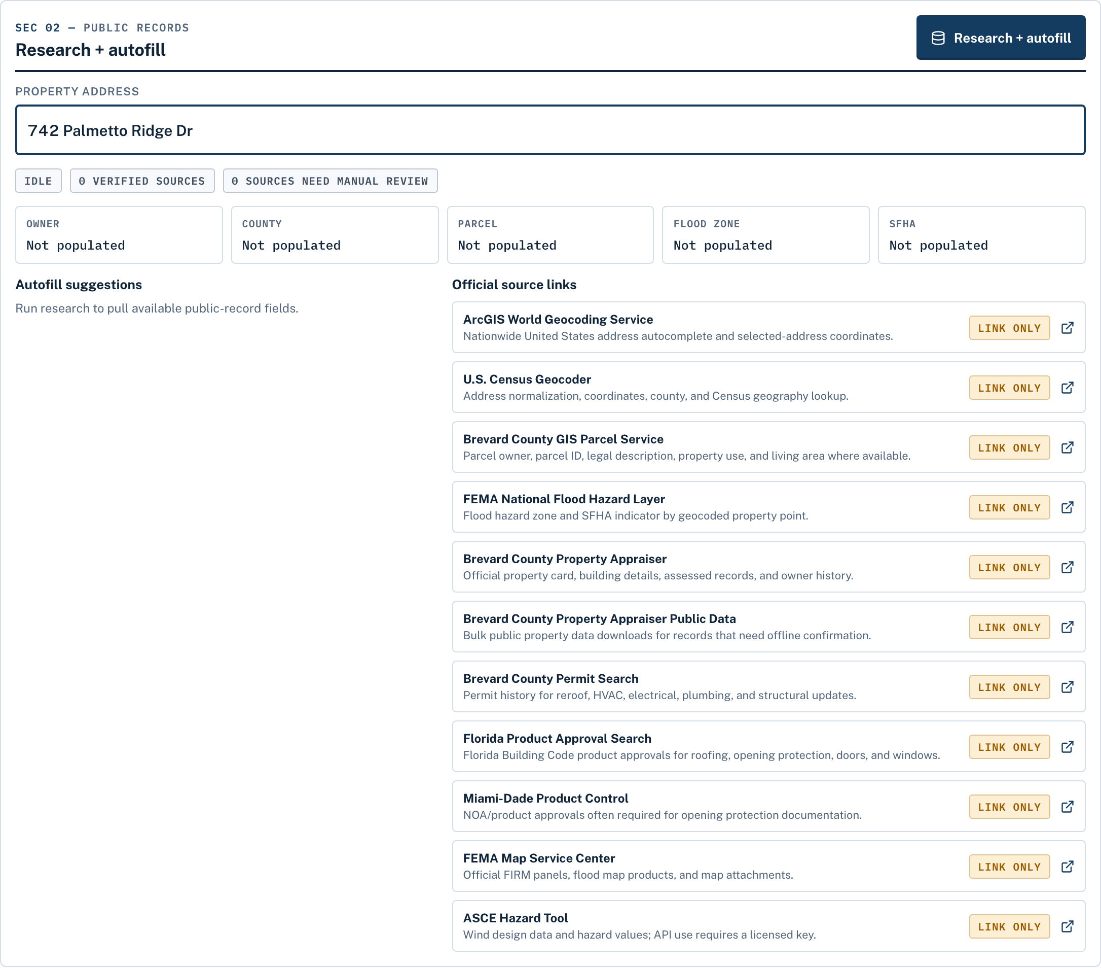 County research panel pulling owner, parcel, and flood zone from official public records