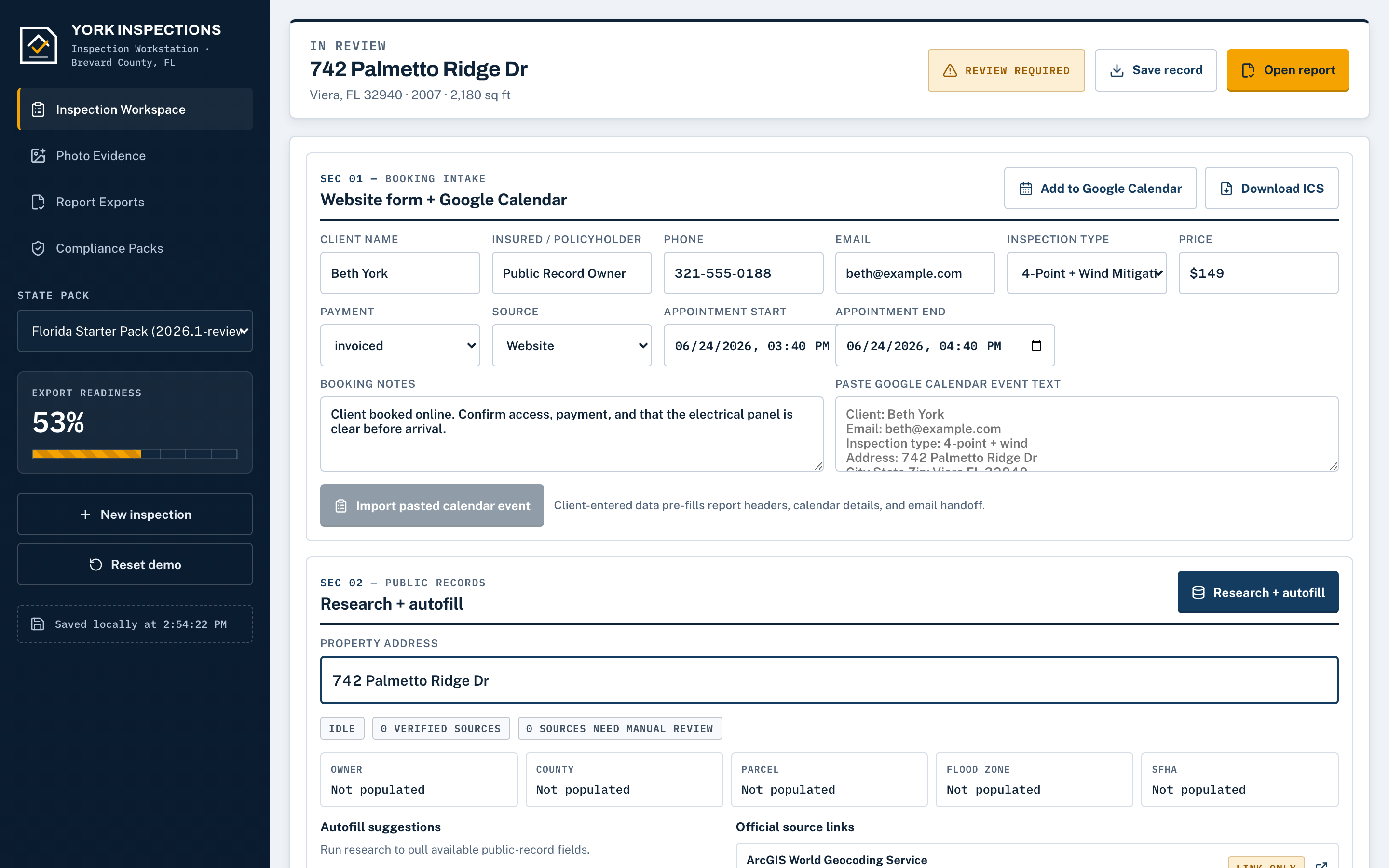 The inspection workstation: booking intake, county research, and readiness gauge